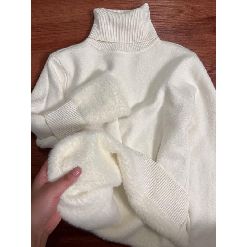 

водолазка простой внутренний топ женский весенний утолщенный теплый флисовый свитер мягкий восковой вязаный базовый свитер XL белый