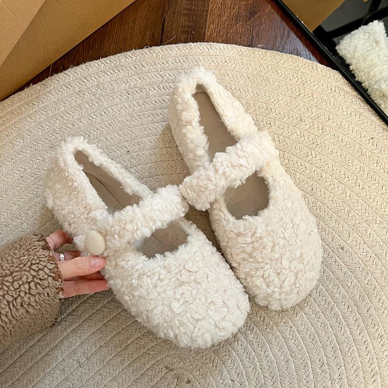 

White French Mary Jane flat-bottomed fluffy shoes for women s new autumn and winter warm-soled beanie cotton shoes 35