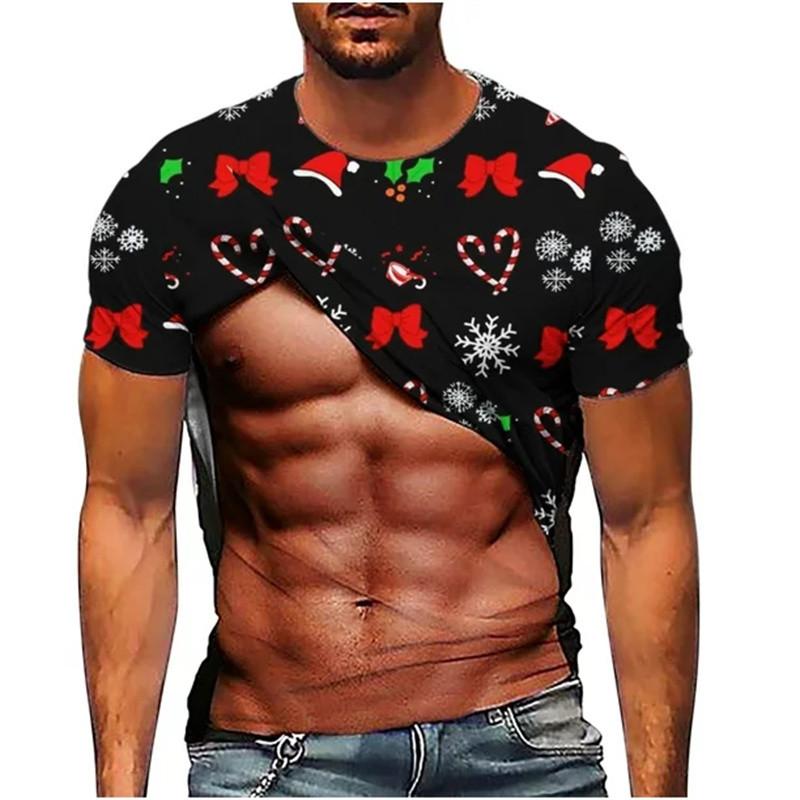 3D Printed Christmas T-shirt Men's Round Neck Short Sleeved Christmas Pattern T-shirt Ugly Christmas Top Men's Gift