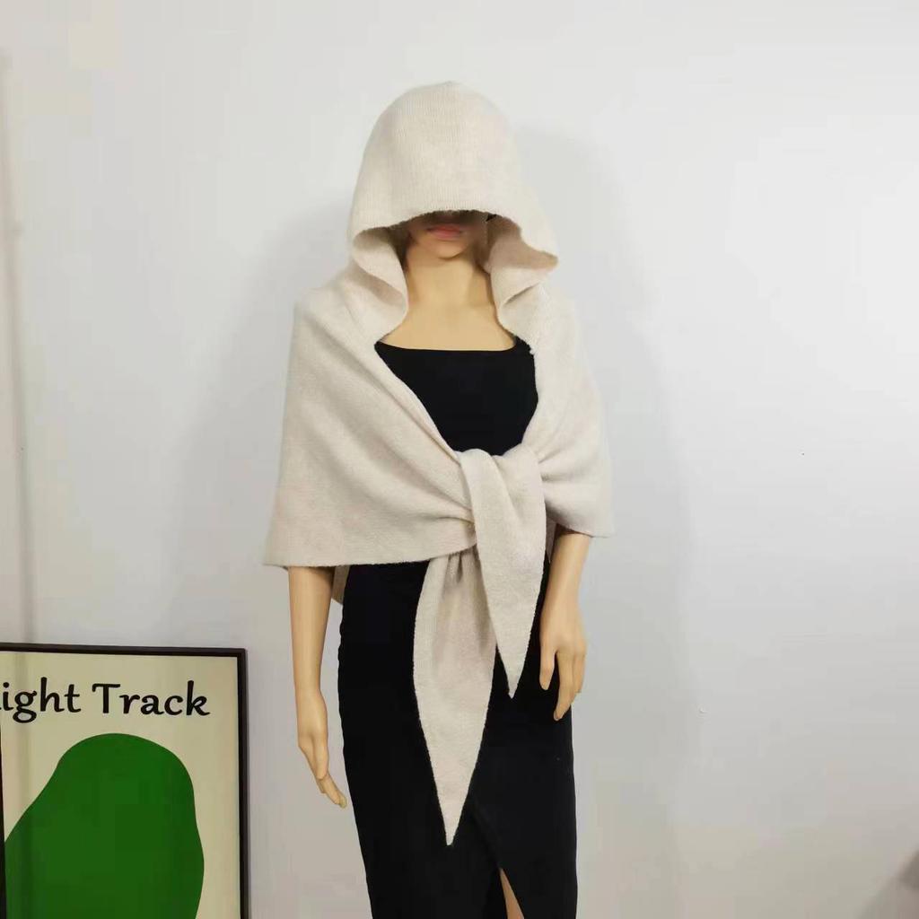 Wool Knitted Large Shawl Scarf Women's Autumn and Winter Warm Triangle Scarf Hooded Integrated Balaclava Hat