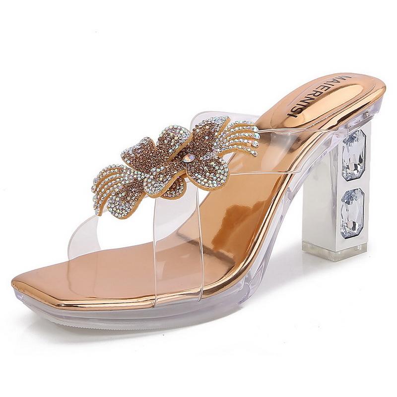 

Women Rhinestone Butterfly High Thick Heel Slide Sandals Office Nightclub Party Pub Wedding OL Transparent Crystal Heel Sandals 35 шампанского