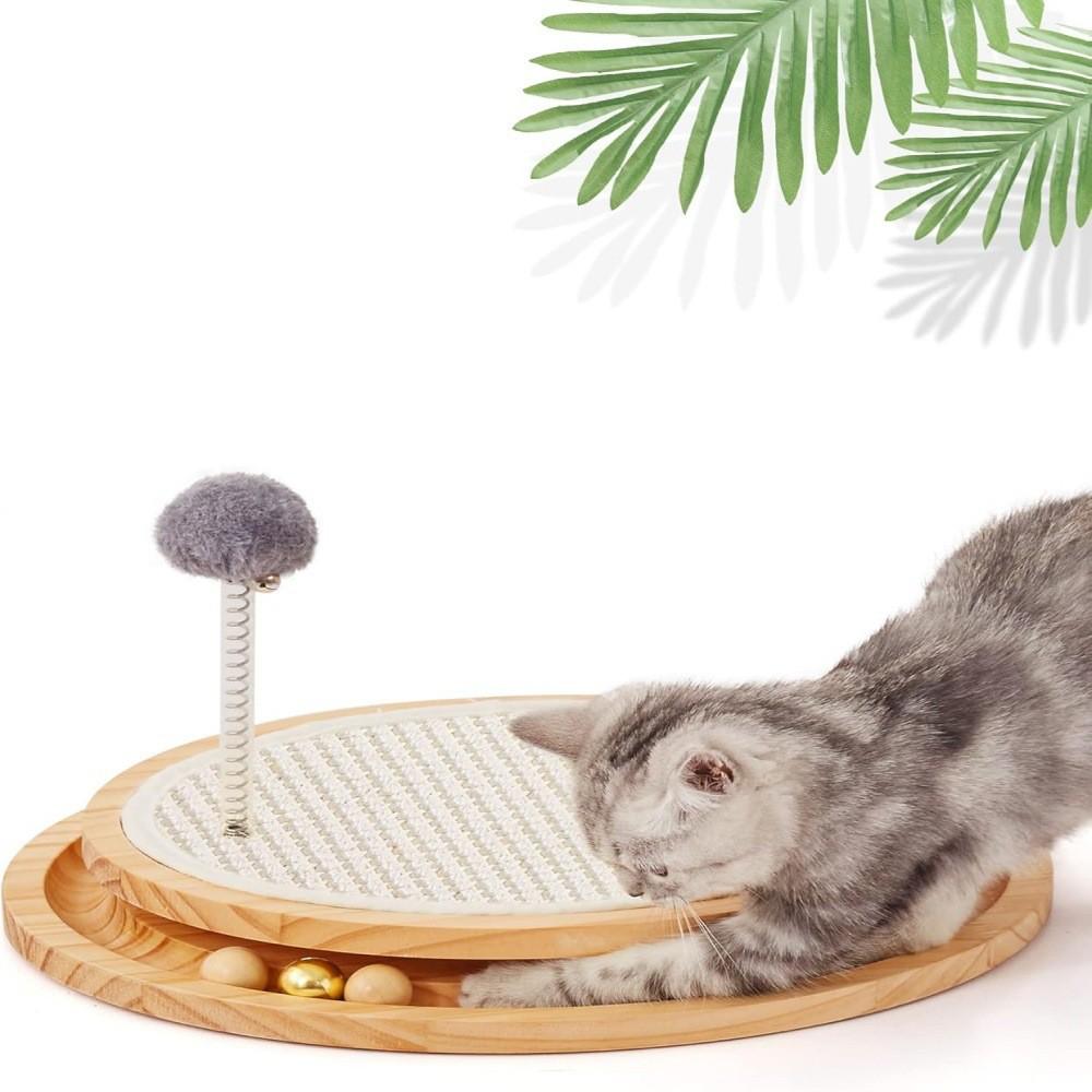 Double Layer Wooden Cat Scratching Post with Teaser Toy, Sisal Mat & Self-Amusement Ball