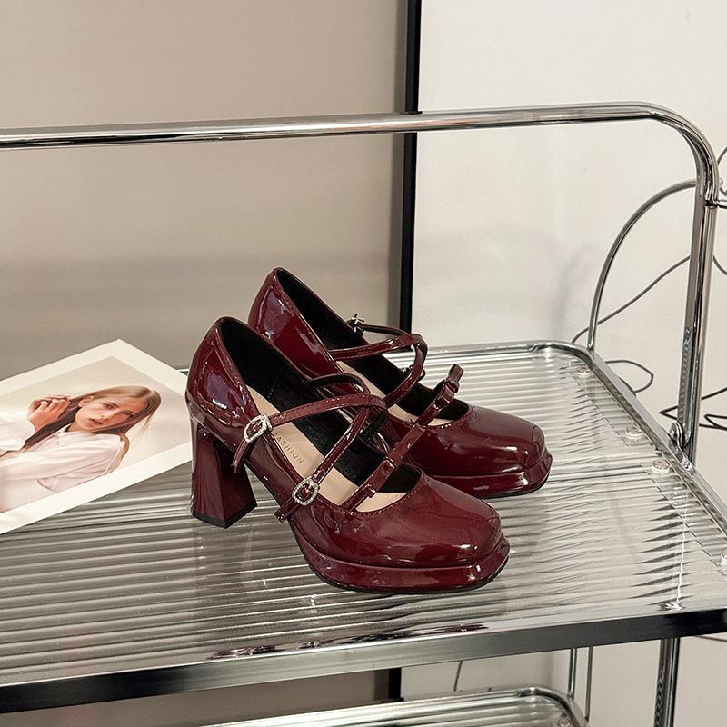 

Fashion Patent Leather Women Mary Jane Shoes Lady Elegant Outdoor Cross Buckles Pumps Spring Autumn Women s Thick Heel Shoes Size34-39 34 бордовый