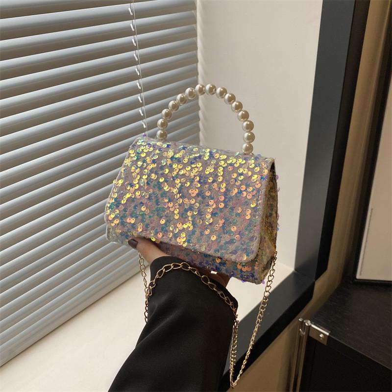 Stylish Sequined Handheld Small Square Bag 2024 Trendy Chain Shoulder Bag For Casual Use