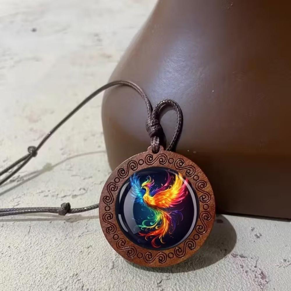 Vintage Dragon Phoenix Sweater Chain Leather Chain Boho Wooden Pendant Handmade Long Collar Decoration for Women Men
