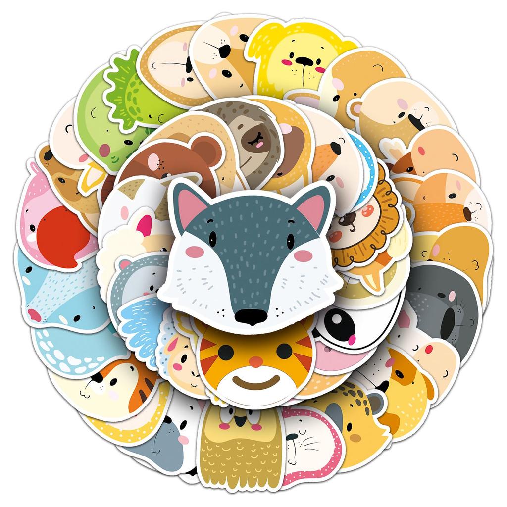 50 Cartoon Animal Face Graffiti Stickers - Cute, Waterproof, DIY for Kids' Reward, Skateboard, Luggage (50 Sheets)