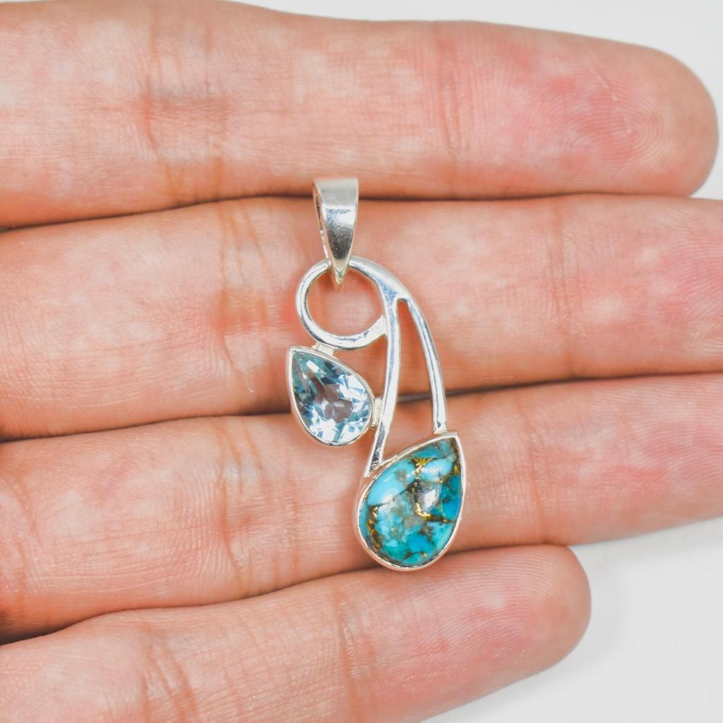 Natural Turquoise Pendant, 925 Sterling Silver Jewelry, Topaz Pendant, Gift for Her