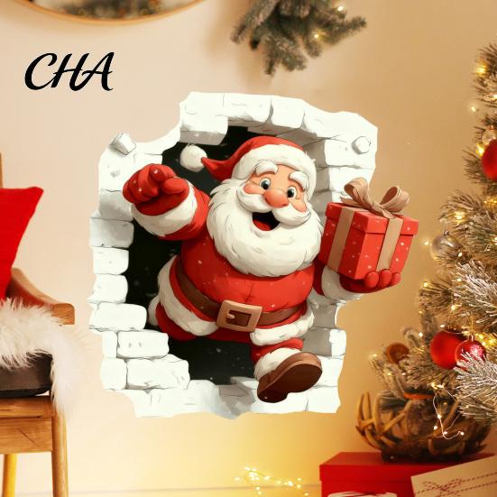 Decorative Window Film Christmas Santa Wall Stickers, 3D Claus Reindeer Break-Through Self-Adhesive Winter Party Supplies Decal, Removable Stickers