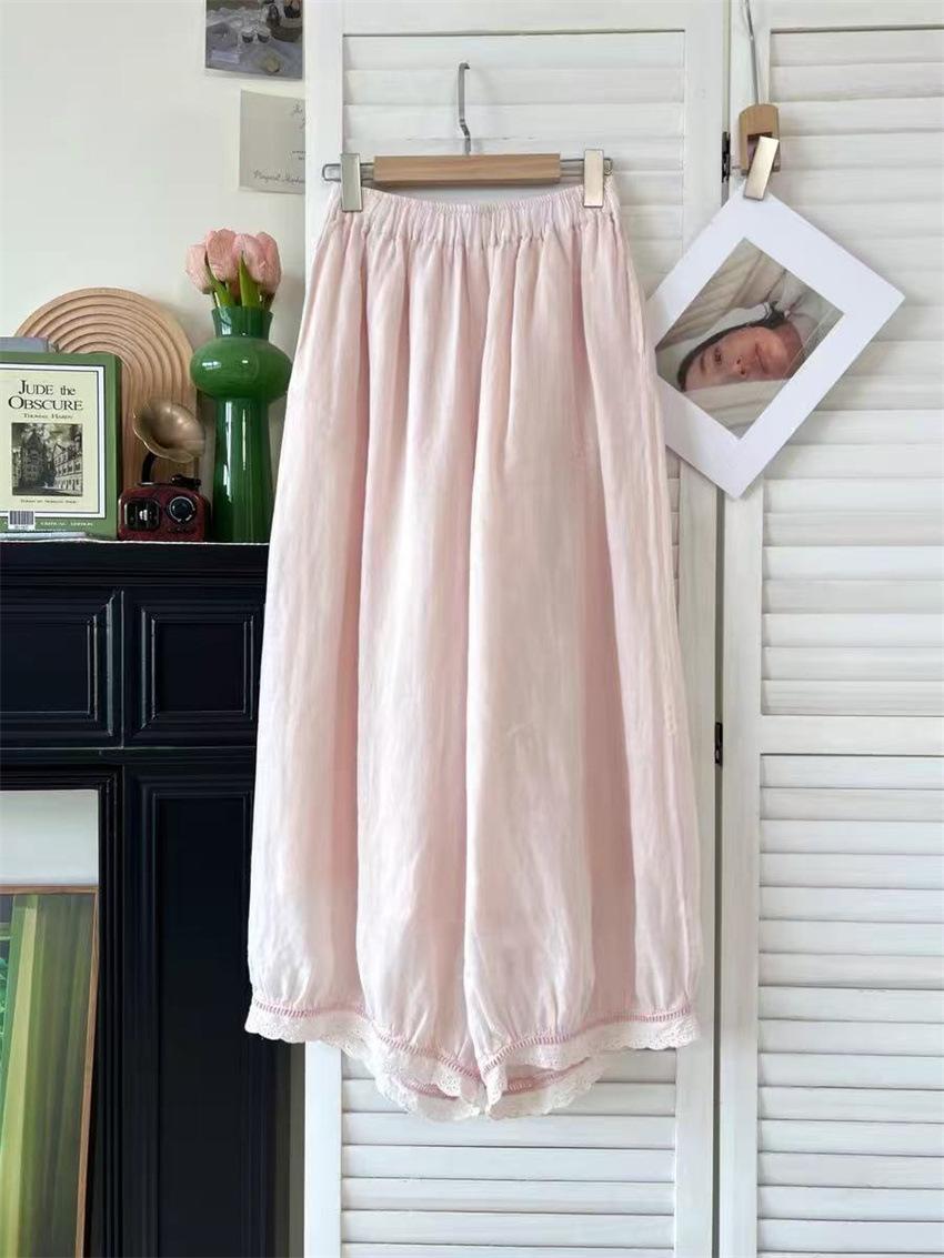 

Johnature Fall Slacks Women Patchwork Lace Solid Color Loose Simple Harem Ankle-length Pants One Size