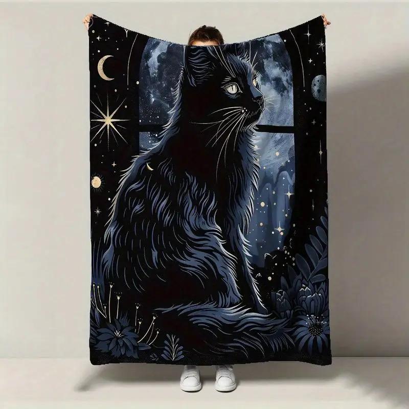 Cat Starry Sky Design Flannel Blanket - Suitable for Sofa, Travel, Bed, Camping, Office, Decoration, Multipurpose - Christmas
