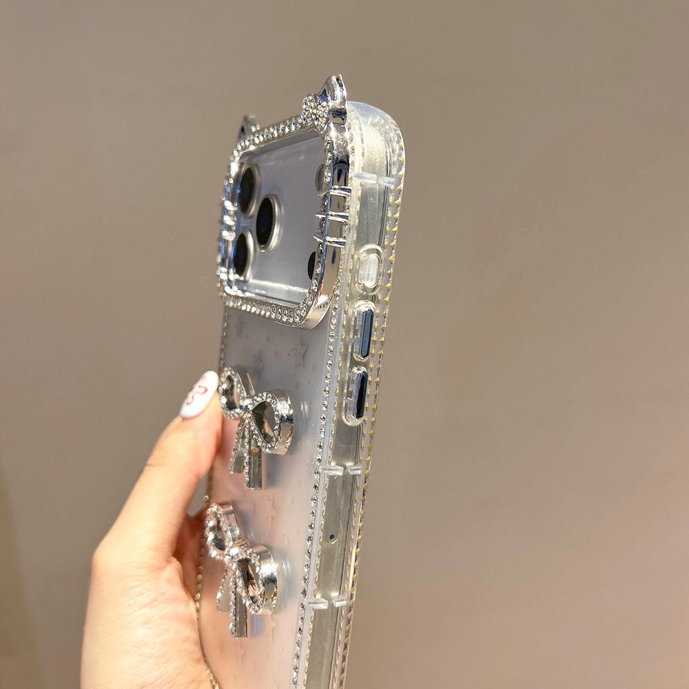 KEYSION Cute 3D Cat Ear Transparent Phone Case for iPhone 14 15 Pro Max 14 15 Plus Glitter Jewelled Bowknot Shockproof Back Cover