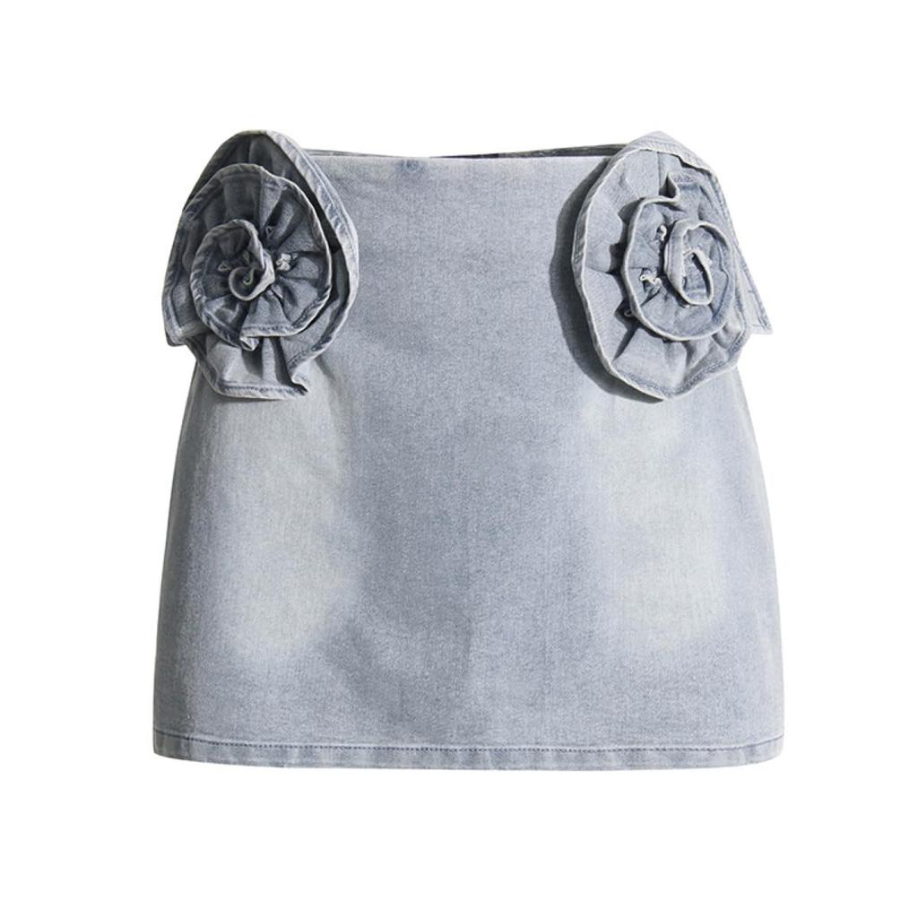 Südlicher Wind Denim Mini 3D Floral Trendig Koreanische Mode Damenrock, Rock, K-Pop Girls Hein-Stil, Print, Stilvoll, (JP, Alphabet, L, Blau)