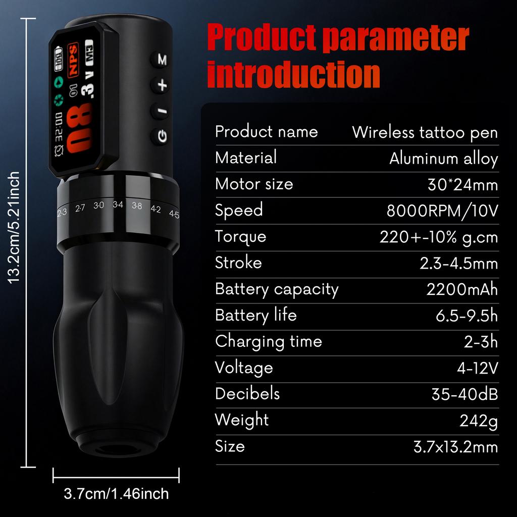 Verstellbarer Hub Tattoo Maschine Kabelloser Tattoo Stift Bürstenloser Kernmotor 2200mAh Kapazität Akku Permanent Make-up Körperkunst