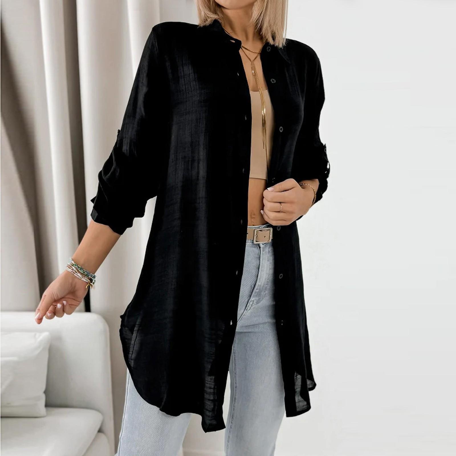 

Женская летняя весенняя рубашка с длинным рукавом, модная повседневная одежда, рубашка, топ L чёрный