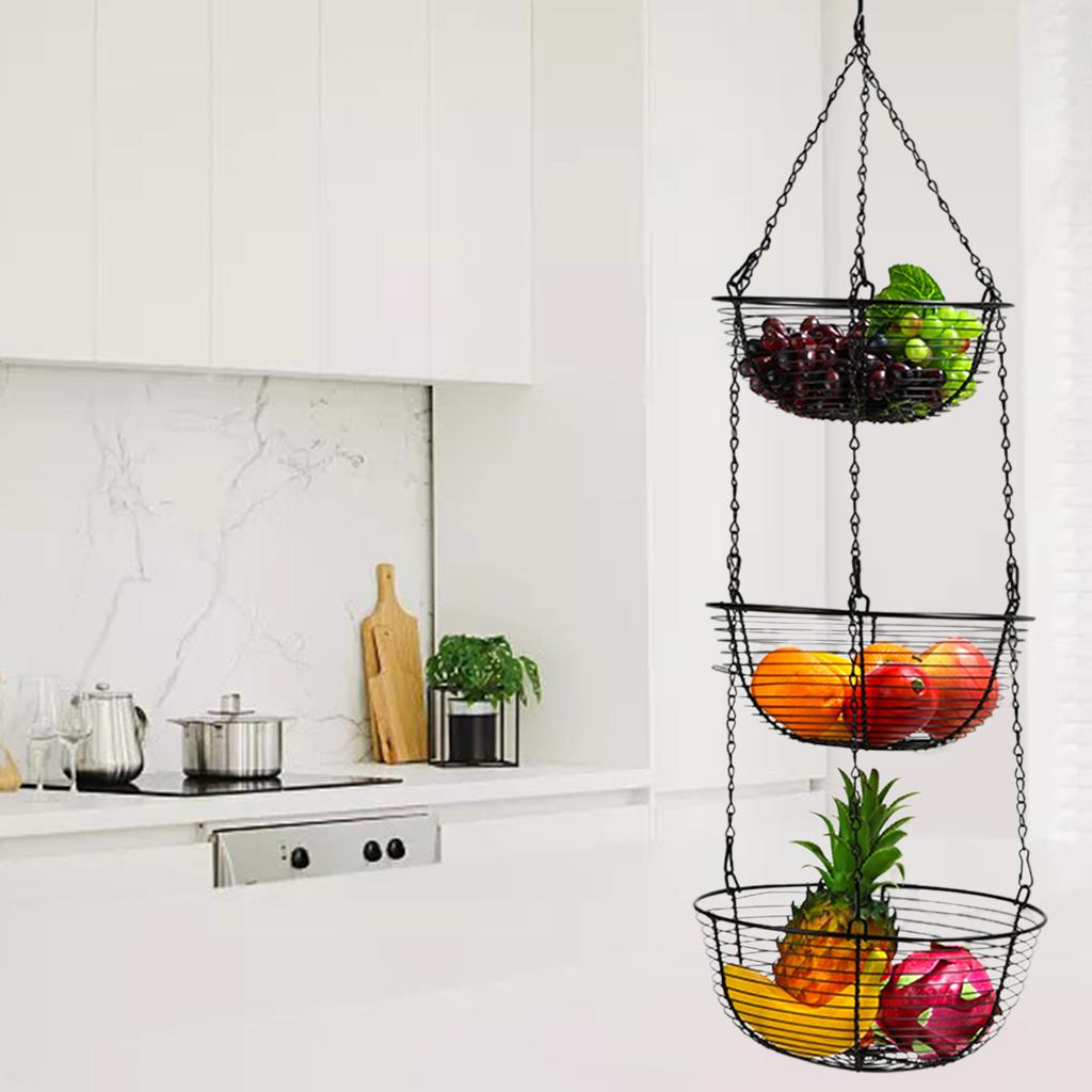 3-Tier Hanging Fruit Basket Heavy Duty Black Wire Mesh Organizer for Vegetables Snacks Kitchen Pantry Space Saving Holder