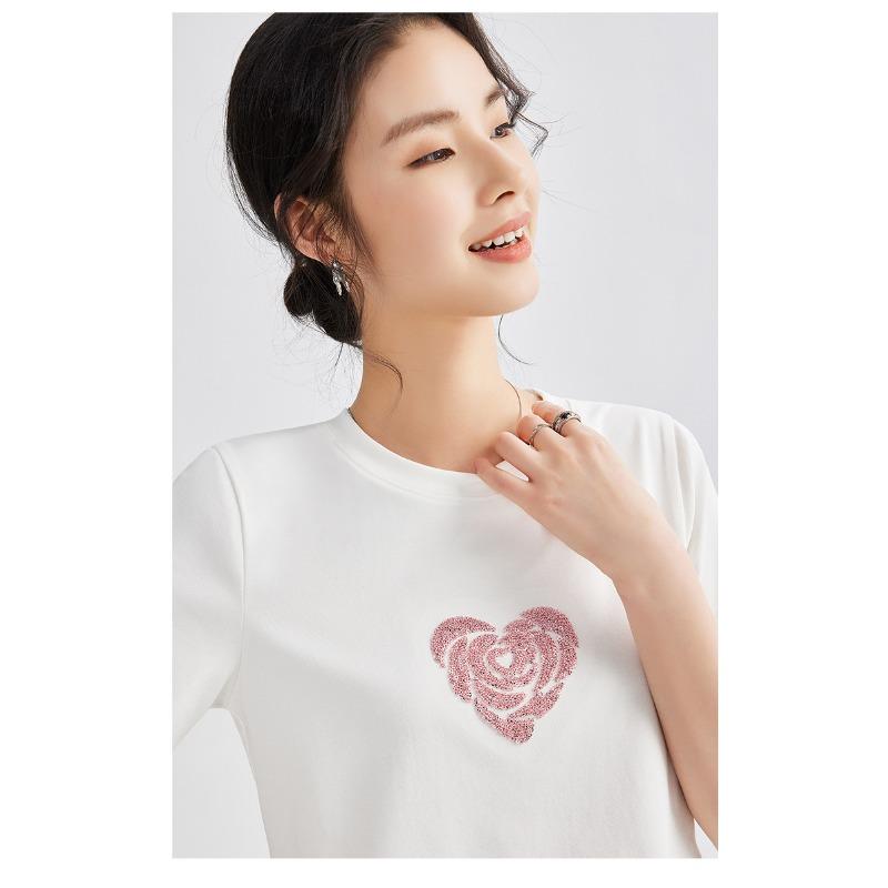 Damen Sommer Bequem Lässig Schlicht Spaß Liebe Stickerei Locker Alles Rundhals Kurzarm Top