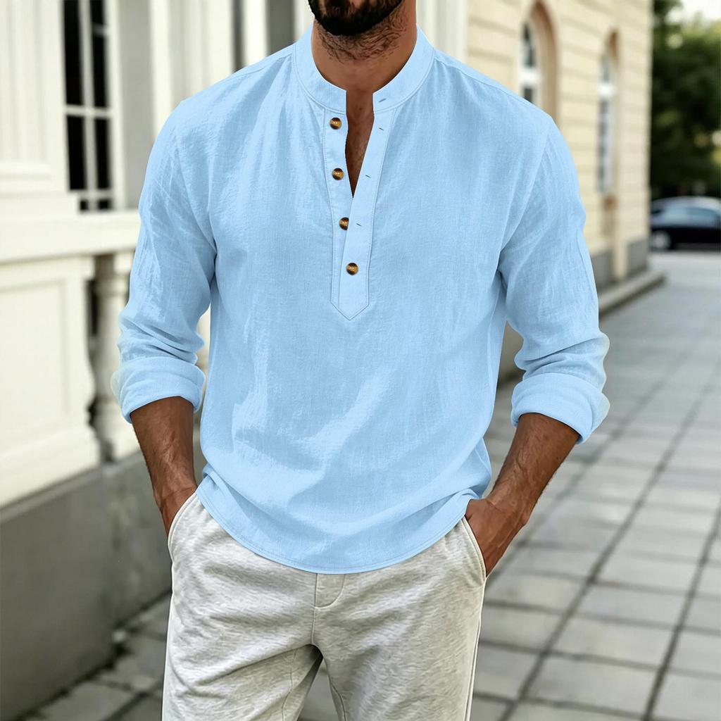 Men's Casual Cotton-Linen Long Sleeve Color Shirt with Stand Collar Loose Fit