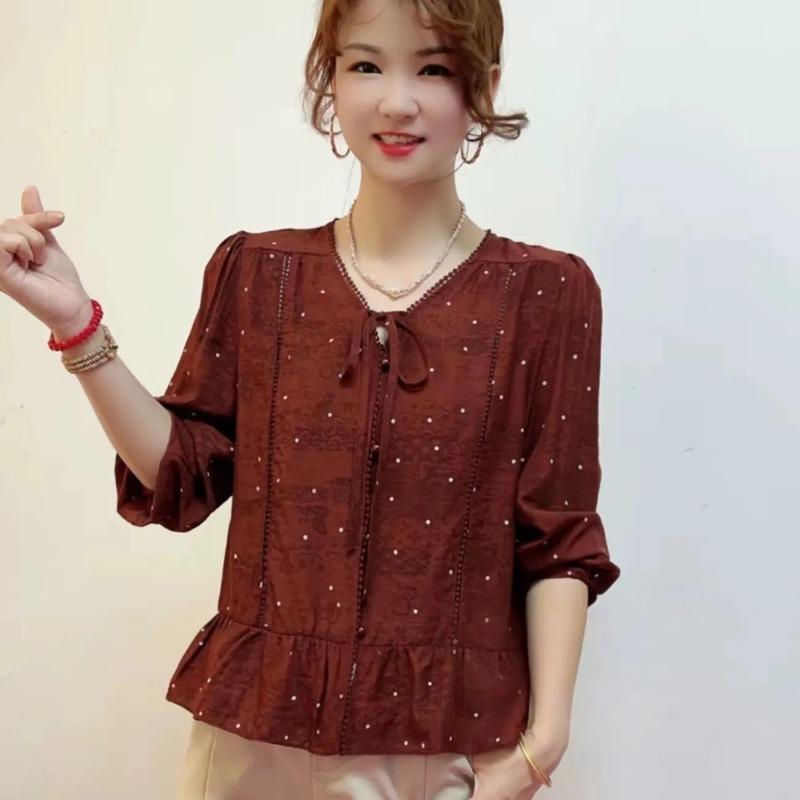 

Womens Rust Polka Dot Blouse Casual V Neck Tie Neck 3/4 Sleeve Peplum Top S красный