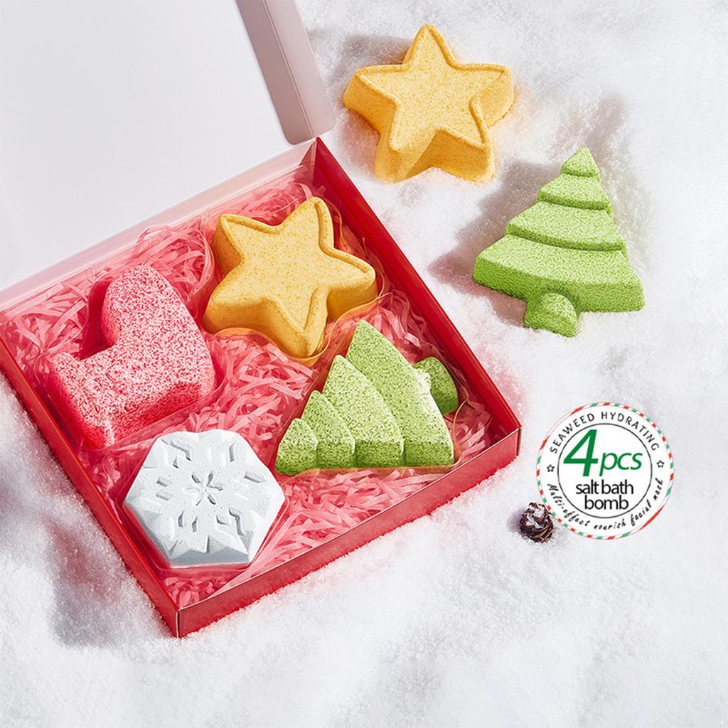 Christmas Gifts Set of 4 Bath Bombs, Festive Scented Bubble Bath Fizzies for Relaxing Spa Tub