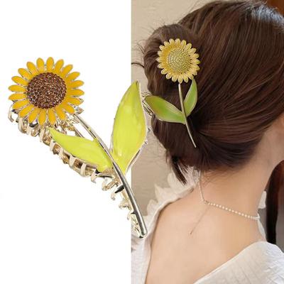 1 Stück Goldene Damen Sonnenblumen Haarspange, Modische blütenförmige Krallenspange für dickes Haar, Rutschfeste große Haarklammer