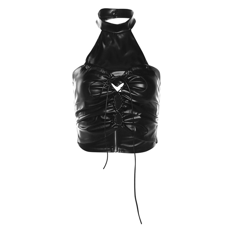 # Sisjuly# Cool Ing Drag Sister Ruched Sexy PU Leather Multiple Wear Collar Halter Spaghetti Straps Vest Female Summer