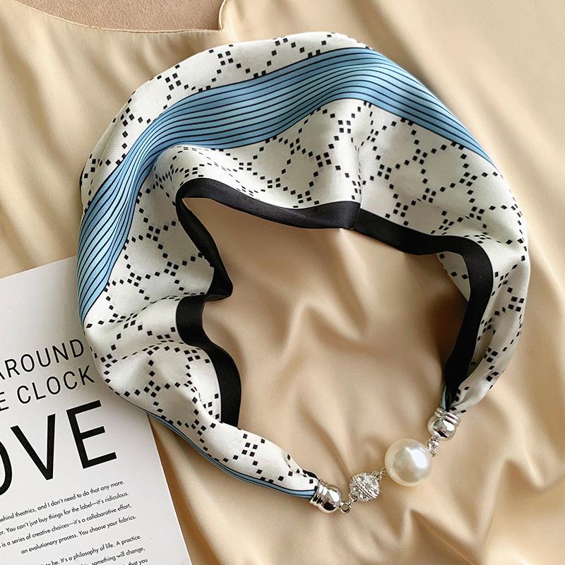 Lazy Magnetic Buckle Summer Scarf with Pearl Necklace Decoration for Women