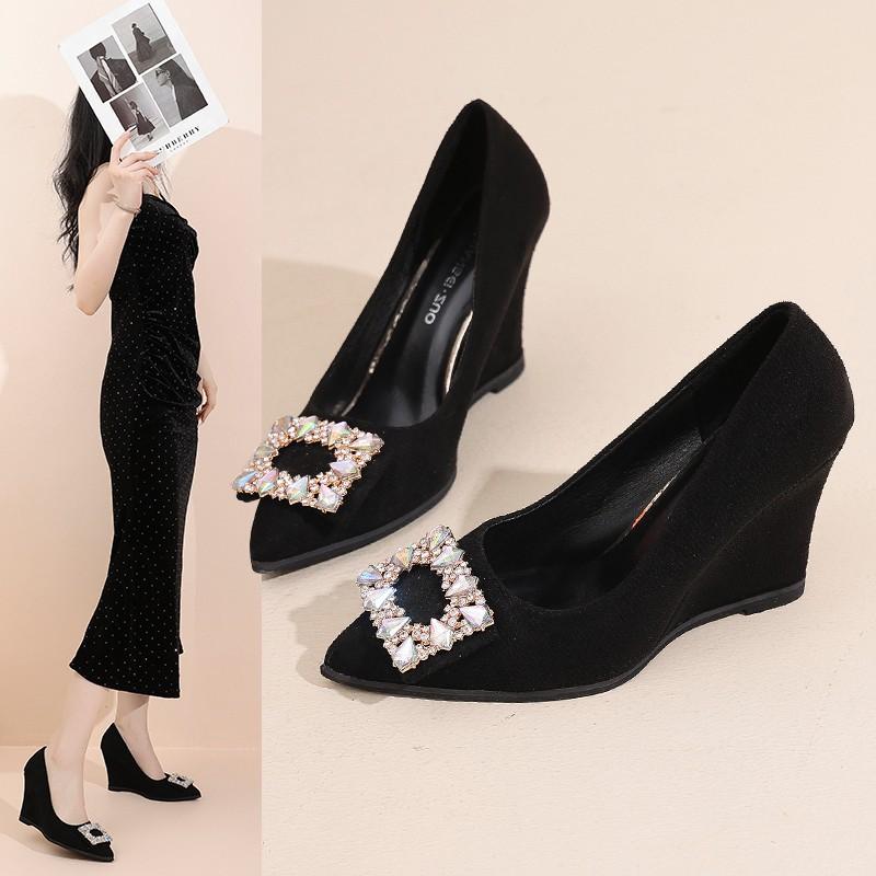 2025 autumn new slope heel single shoes women's black high heels rhinestone square buckle versatile pointed professional work shoes