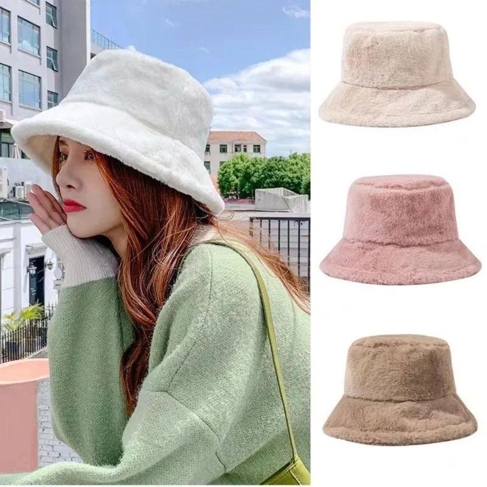 Korean Style Wool Bucket Hat Imitation Fur Warm Fisherman Hat Retro Women's Plush Hat  Girls