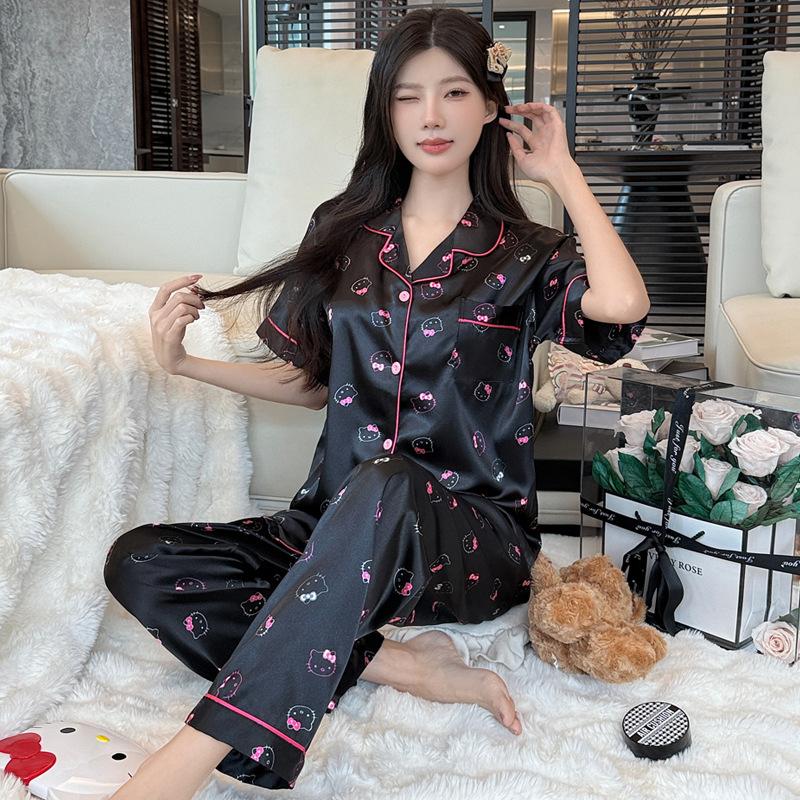 Sweet And Cool Girl Wind Ice Silk Pajamas Women'S Summer Short-Sleeved Trousers Comfortable Loungewear