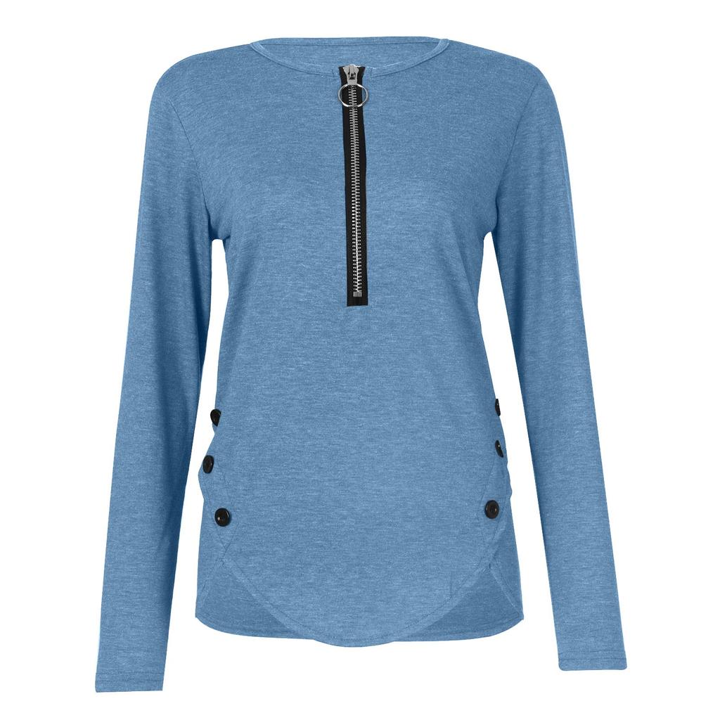 Womens Casual  Zipper Longsleeved Neck Button Tshirt Top