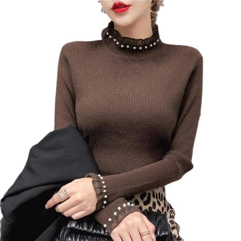 Semi-turtleneck Sweater Bottoming Shirt Women's Autumn and Winter Long-sleeved Top Beaded Lace Slim-fit Knitted Sweater