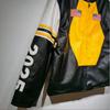 Vintage Biker Jacket PU Leather Black Yellow Color Block No Collar Racing Men
