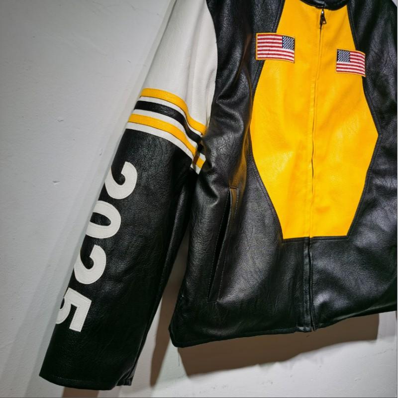 Vintage Biker Jacket PU Leather Black Yellow Color Block No Collar Racing Men