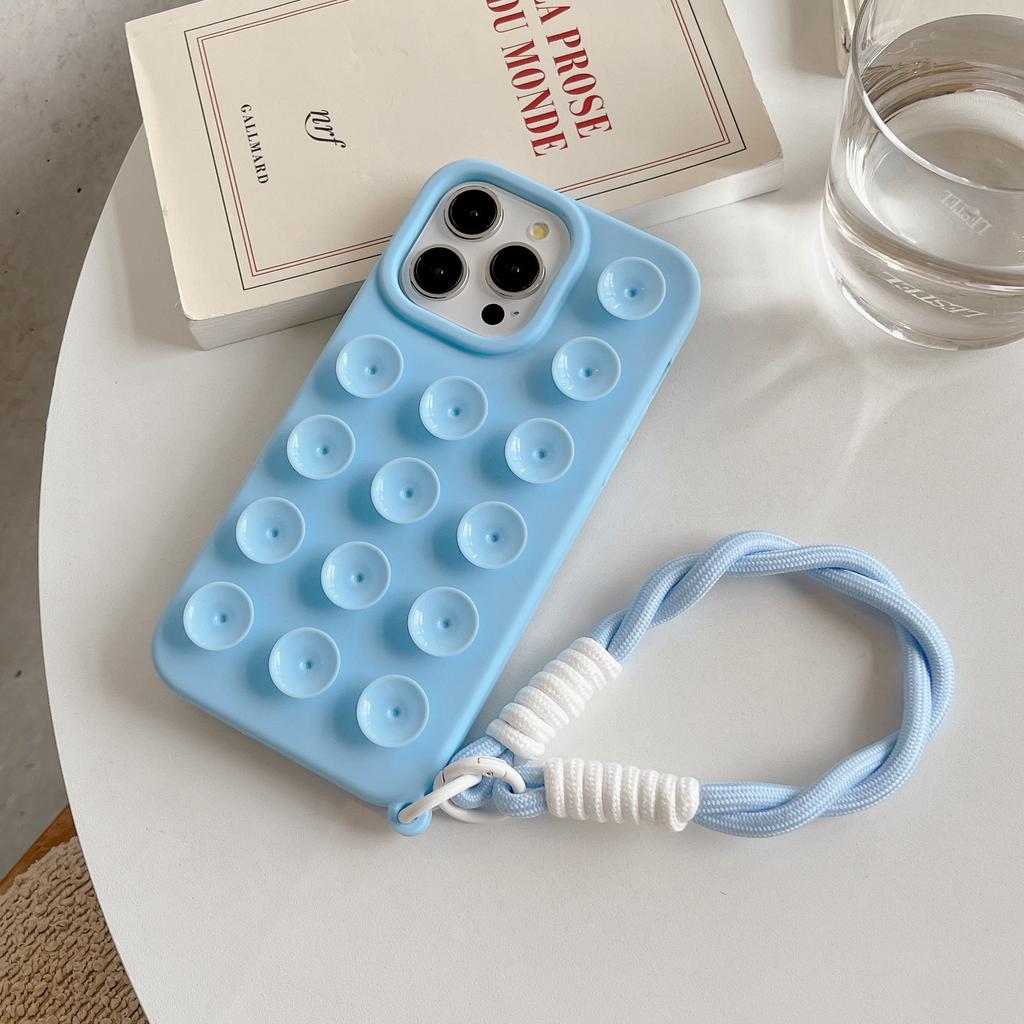 Fashion 3D Cute Candy Liquid Silicone Suction Cup Case For iPhone 16 15 14 Plus 11 12 13 Pro Max Soft Lanyard Wrist Strap Cover