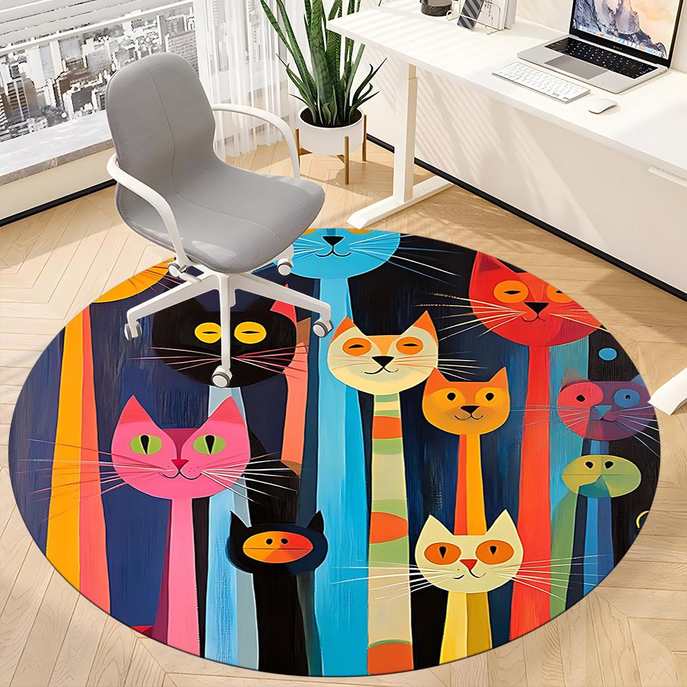 1pc Colorful Cats Office Round Area Rug, Indoor Mat Suitable For Office, Under Office Chairs Bedroom Living Room Home Decor, Room Deco