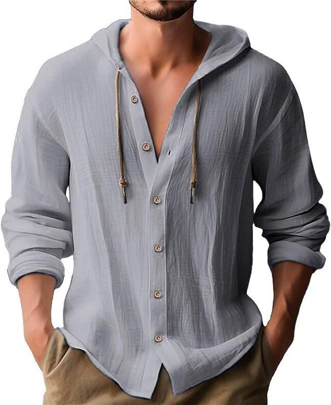 American Linen Men's Shirt, Fashionable and Casual Summer Breathable Thin Hooded Short-sleeved Cardigan Jacket