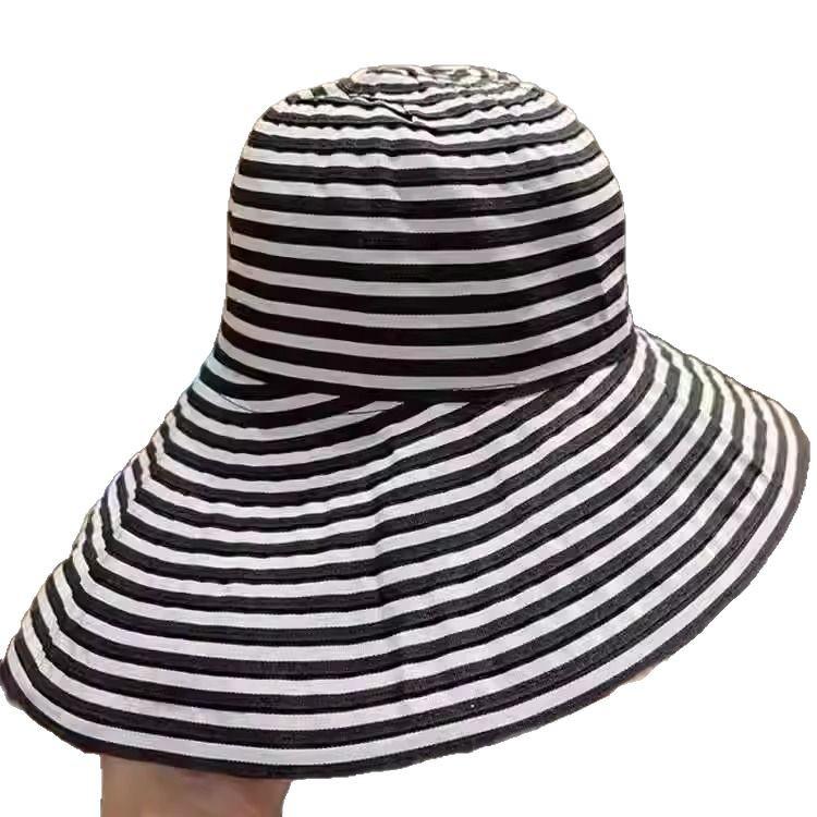 Women's Japanese Style Striped Summer Bucket Hat, Foldable, Large, with Sun Protection.