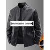 Men's Slim Fit Genuine Leather Jacket with Stand Collar and Velvet Lining - Casual Motorcycle Outerwear