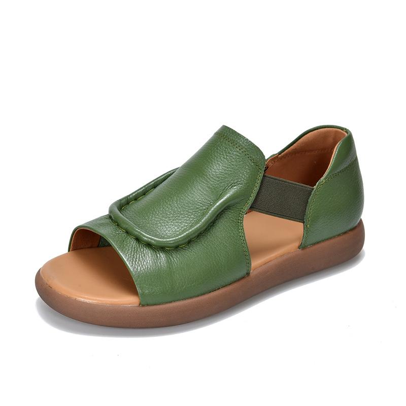 Johnature Simple Versatile Flat Sandals Genuine Leather Cowhide Hollowed Out Peep Toed Women's Shoes