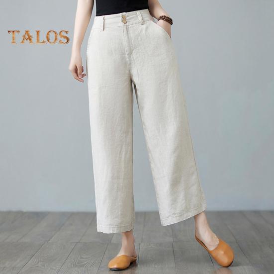 Women Casual Pants Elastic High Waist Buttons Zipper Fly Long Trousers with Pockets Solid Color Straight Wide Leg Slacks Daily Wear