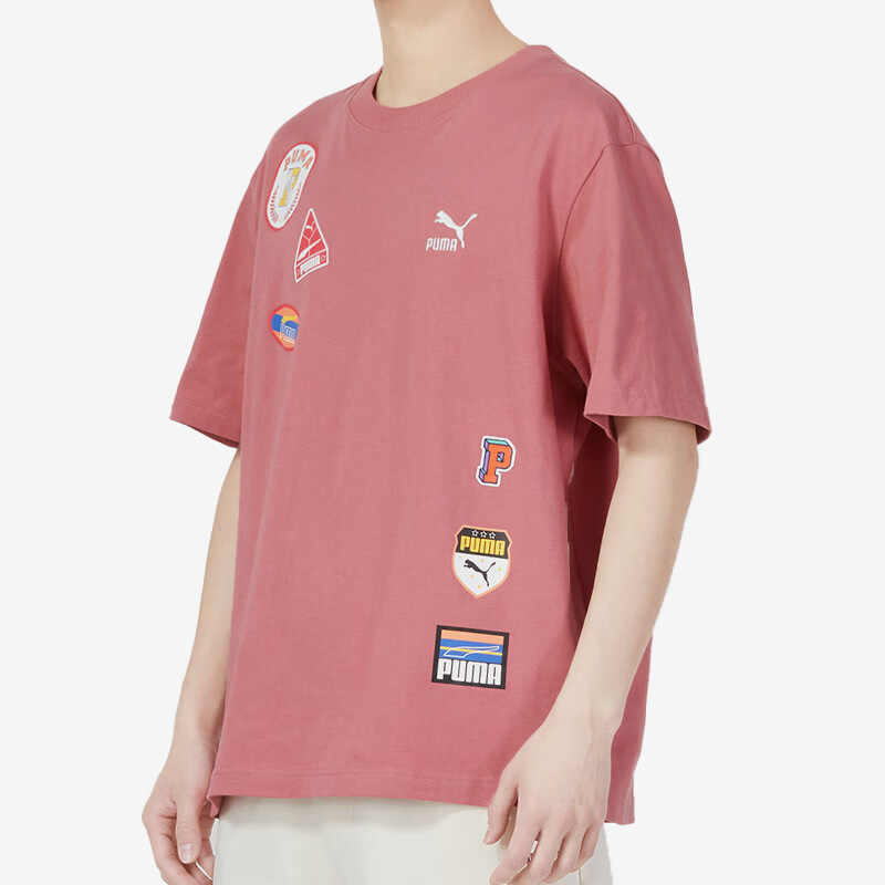 PUMA Letter Logo Print Round Neck Short Sleeve T-Shirt Unisex Tops Deep-Pink 623251-50