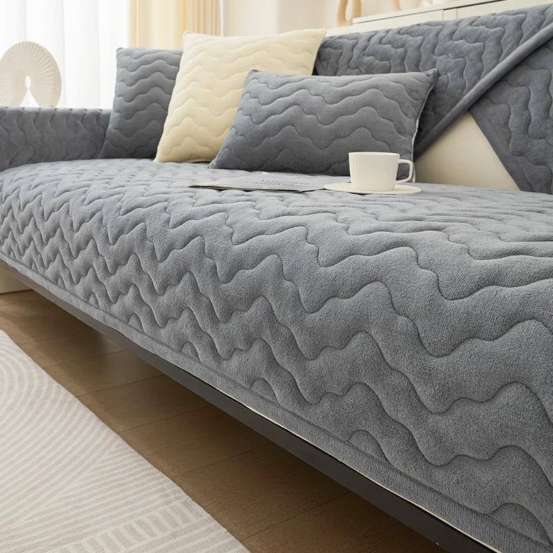Waves Lines Sofatrekk Vinter Tykking Varm Plysj Sofa Håndkle Sklisikkert skinn Universal Ensfarget Sofaputer Stue