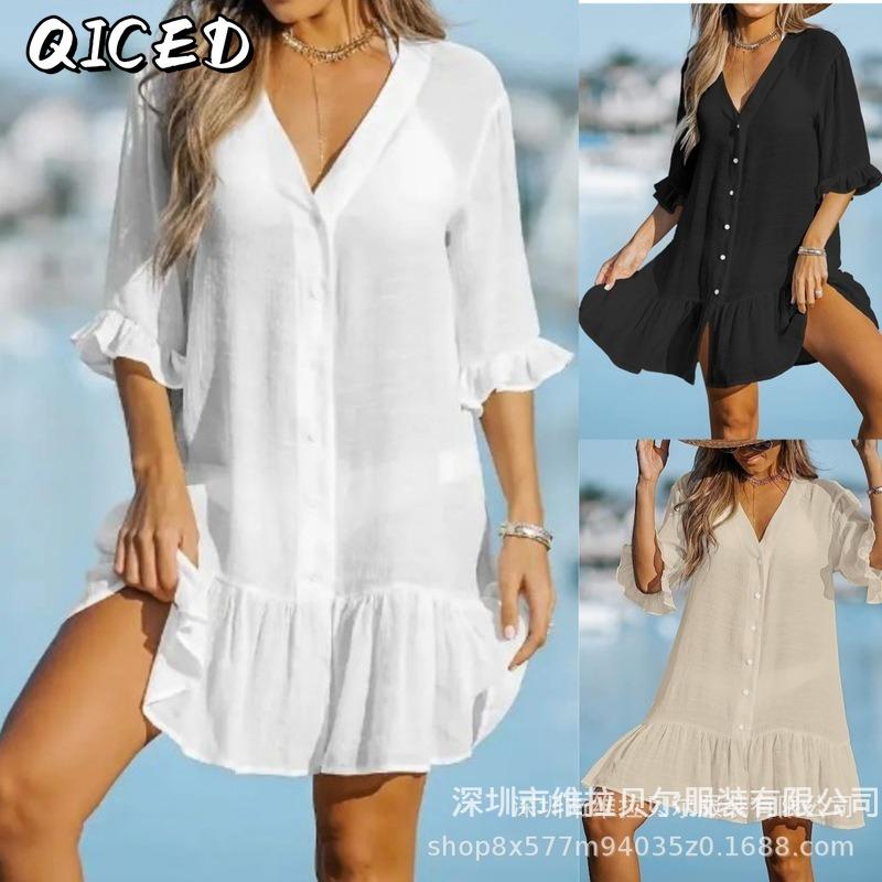 QICED Fashion Summer Spring Solid Color Print Short Sleeve V-Neck Casual Dresses