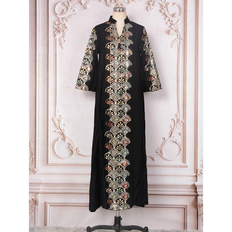 

Волшебная Королева Индонезия Дубай Веерная Вышивка Пайетками Рукав Девять Четвертей Женский Халат V-образный Вырез Платье с Кисточками Платье Black M