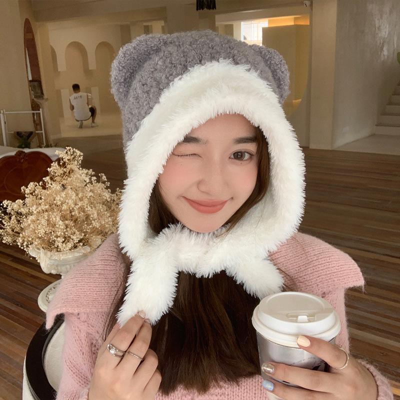 Hat Female Winter Sweet Cute Bear Lace-up To Keep Warm Thickened Bag Head Wool Hat Shows Small Face Big Head Circumference Knitting