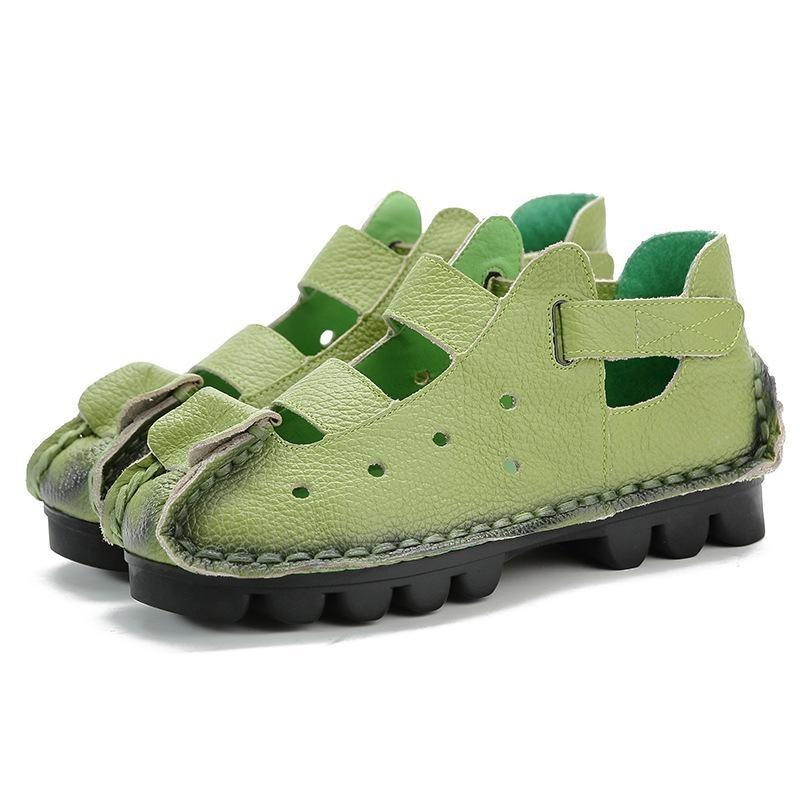 Été Première couche de cuir de vache Chaussures plates pour femmes Style ethnique Cuir Respirant Sandales pour femmes Chaussures ajourées