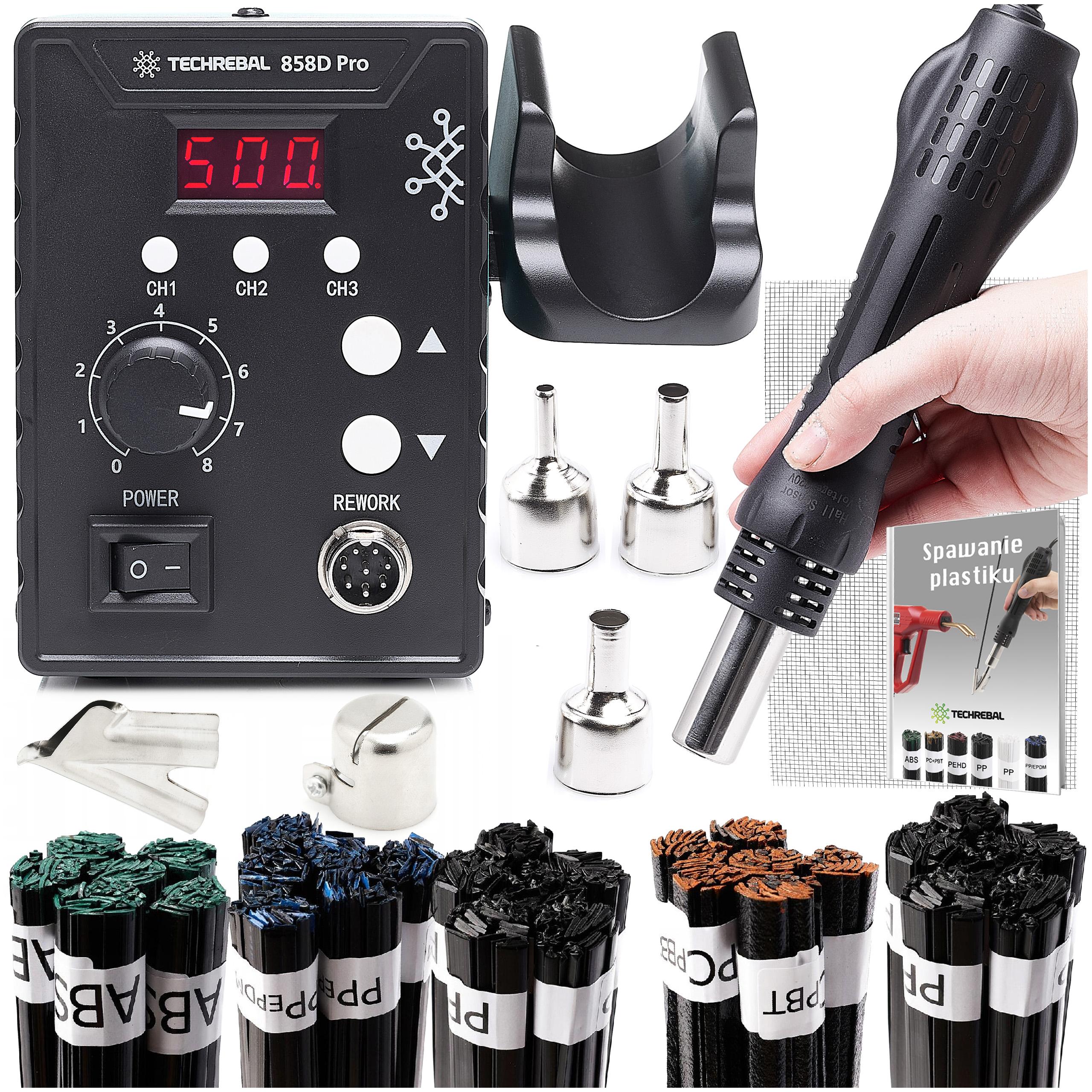 Aparat de sudură Techrebal 858D cu set de elemente pentru sudarea plasticului ( 5 Spoiw, Plasă, Pantof, Fier de călcat, Super Duza)