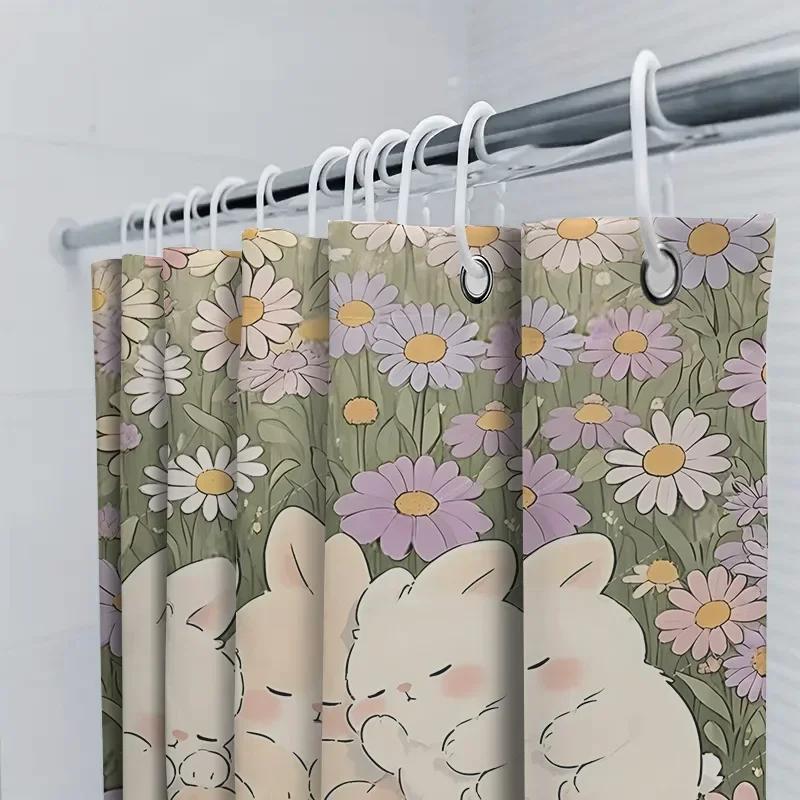 Chic Bunny Flower Shower Curtain For Home Decor - Cute Cartoon Design Waterproof Bathroom Mat For Kids And Adultsrustproofhooks