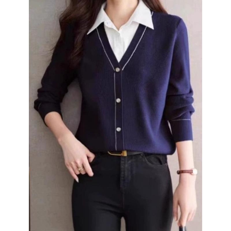 Fake two-piece knitted t-shirt women's long-sleeved autumn new shirt collar contrasting color splicing thin casual top spring