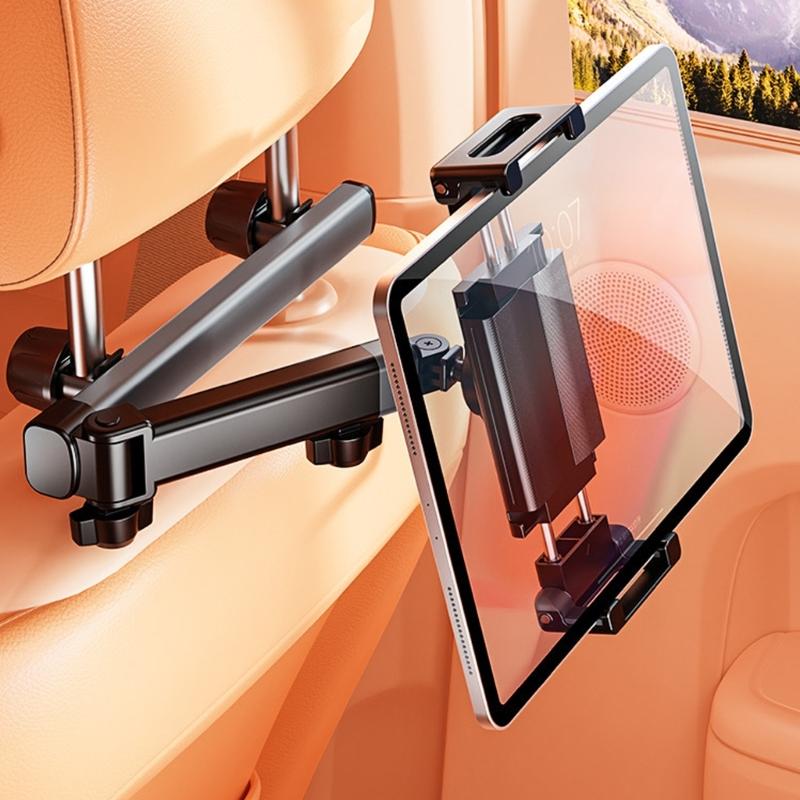 Car Headrest Phone Tablet Holder Double Rod Foldable 360 Degree Rotating Stand Holder Universal Vehicle Backseat Mount